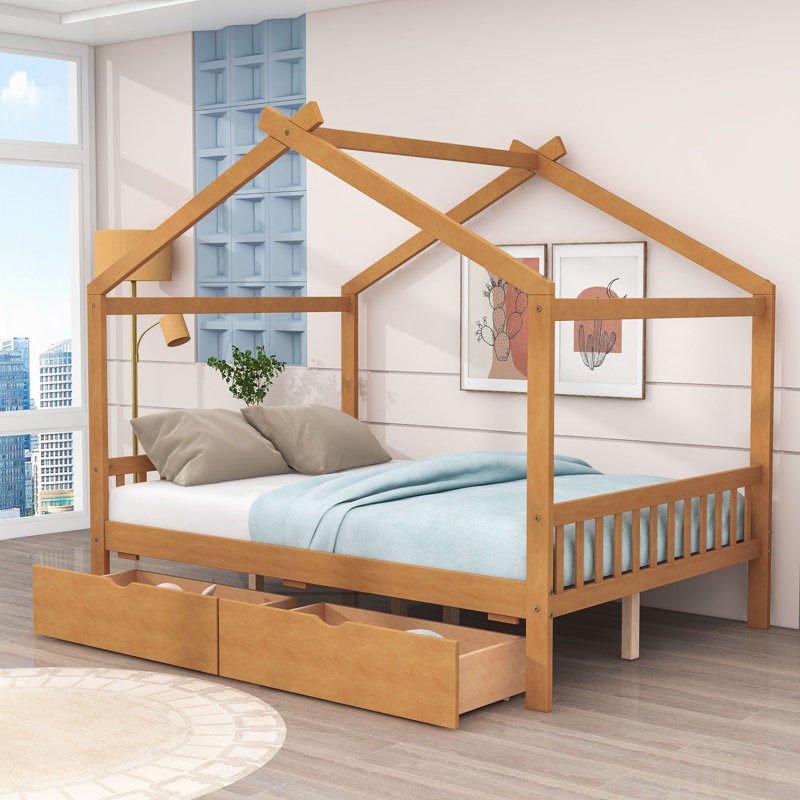 Lit plateforme double en bois avec tiroirs de rangement et structure en forme de maison, Naturel