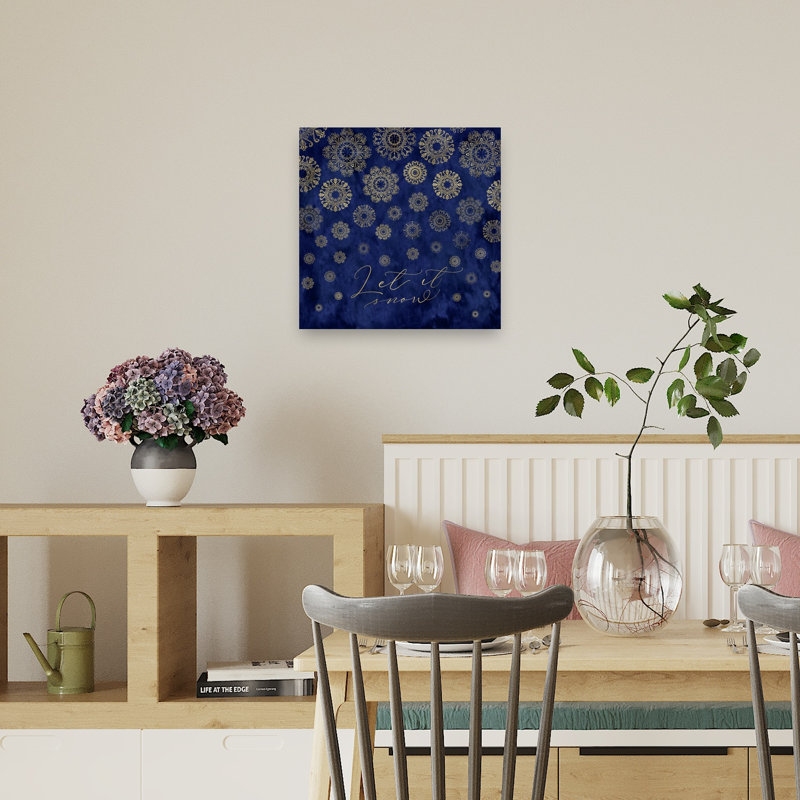 Golden Snowflakes Let It Snow Abstract Contemporary Winter Landscape Wall Art Print 1 Piece Wrapped Canvas Wall Art