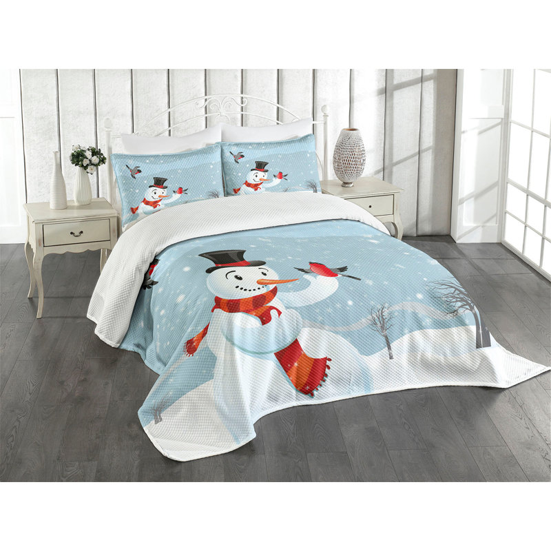 Ambensonne Snowman Bedspread New Year's Multicolor, King Coverlet/Bedspread + 2 Pillow Shams