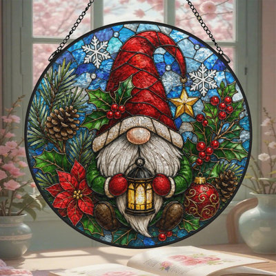 11.8x11.8in(30x30cm) 1PC Round Stained Glass  Window Hanging Suncatcher -Virgin Mary Stained with Metal Chain,  for Wall & Garden Decor, Unique Housewarming & Mother's Day Gift Idea & Indoor Outdoor U