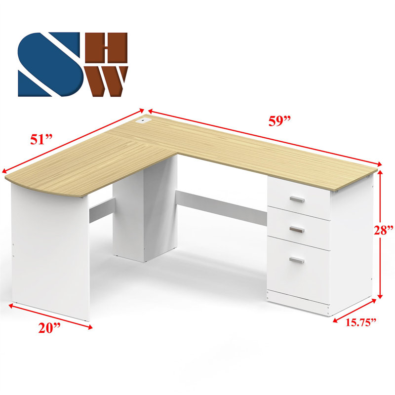 Bureau d'ordinateur de coin moderne en L noir - Solution compacte pour un bureau ou un dortoir, Blanc, Naturel