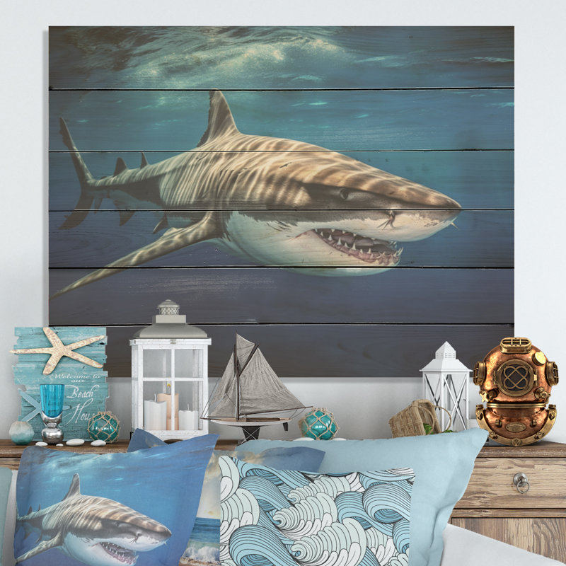 Tiger Shark Territory I - Shark Wood Art On Natural Pine Wood, 10" H x 20" W
