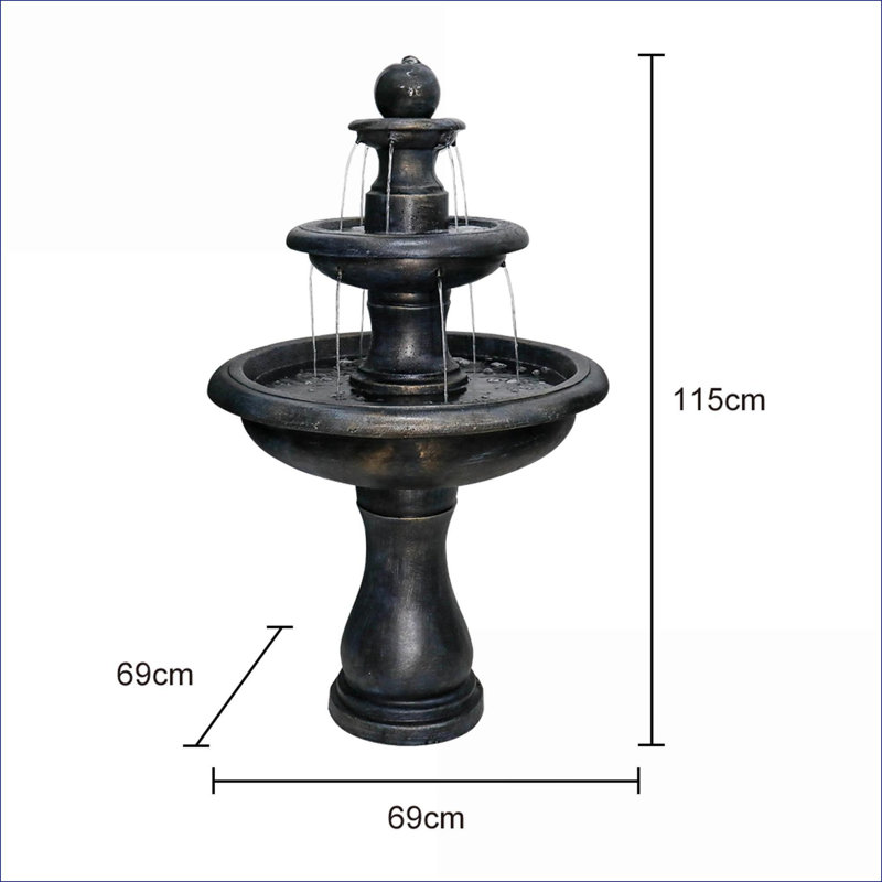 Fountains, 3-Tiered Modern Weather Resistant Outdoor Fountain for Garden Patio | Black | Concrete / Cement