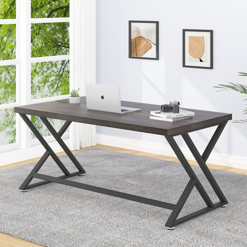 Kelleia Writing Desk, 30.1" H x 55" W x 23.6" D, Dark Gray Oak/Black