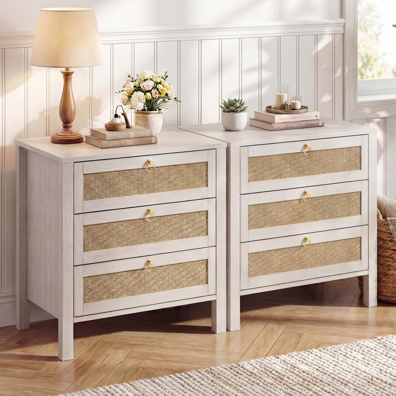 White Rattan Nightstand Set of 2, 3-Drawer Bedside Tables with Gold Handles, Boho Wood Side Tables for Bedroom or Living Room