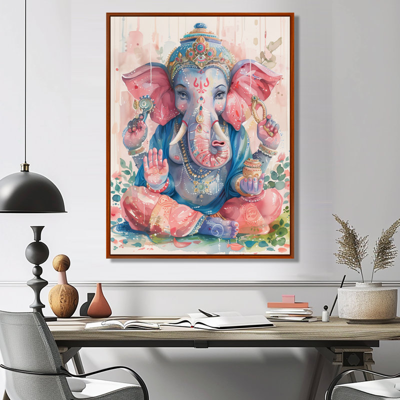 Rose, bleu, Inde, Ganesha II - Art mural indien, Cadre flottant brun, H 30 po x l 40 po