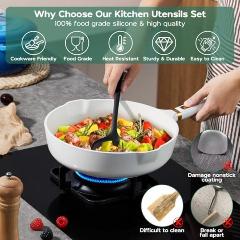 Ensemble de 6 ustensiles de cuisine en silicone noir, compatibles avec les poêles antiadhésives, non toxiques et lavables au lave-vaisselle.