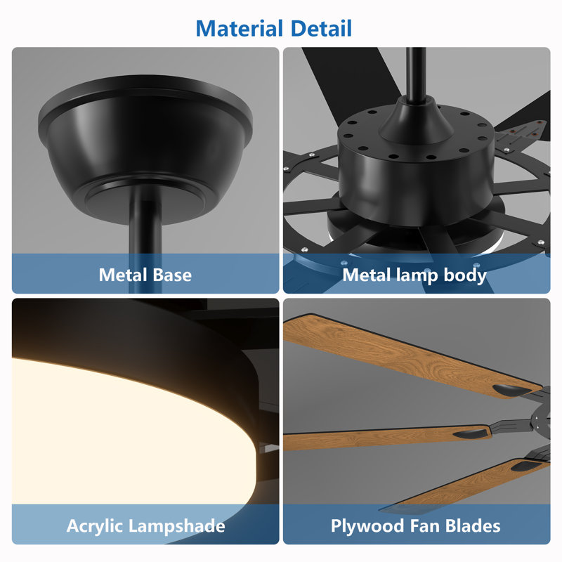 Ventilateur de plafond moderne à 8 pales avec lumière et télécommande, moteur à courant continu réversible, finition noire et noyer