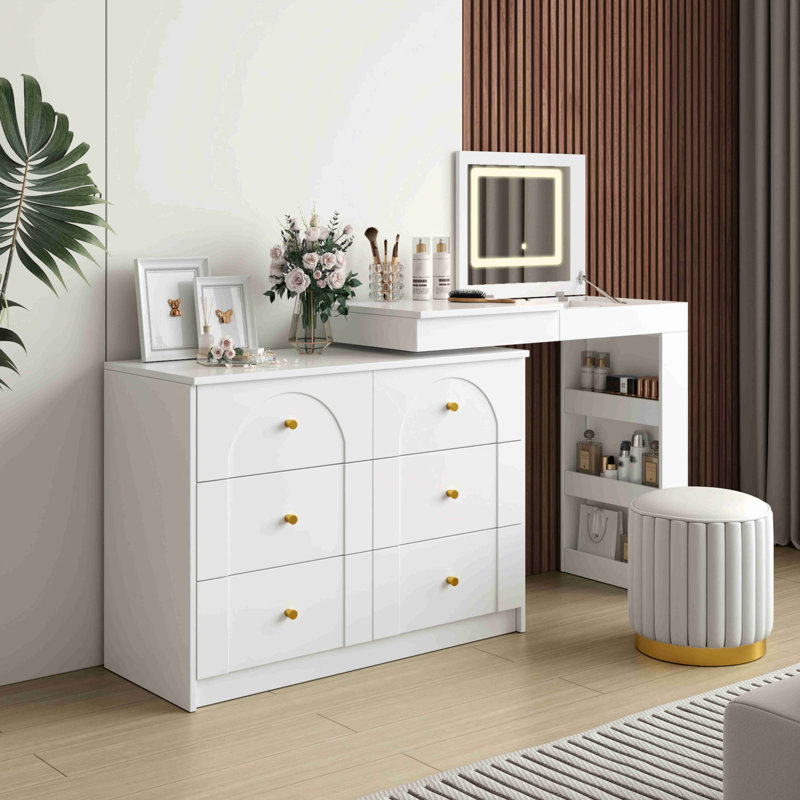 Bureau de meuble-lavabo avec miroir et lumières, coiffeuse de maquillage avec plateau rabattable et rangement 7 tiroirs, 9 compartiments, 3 tablettes, 3 tables de maquillage à modes de couleurs réglables pour la chambre à coucher