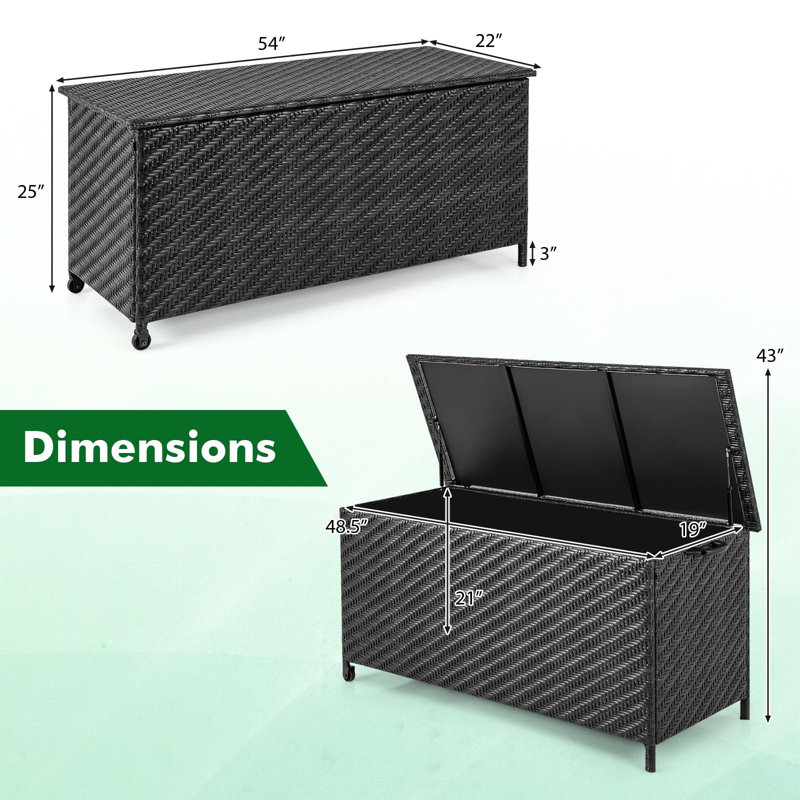 Tightly-Woven Rattan Deck Box, Storage Container with Polyester Liner, Wheels and Gas Strut, 85-Gallon, 1-Unit, (Black)