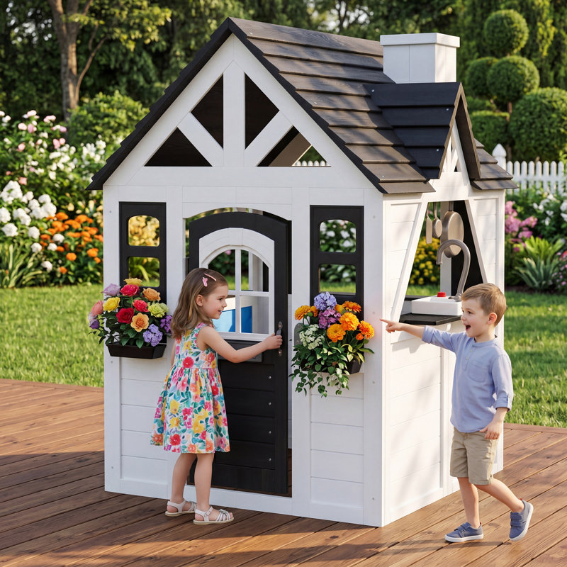 Maisonnette extérieure en bois massif pour enfants avec cuisine, tableau noir et niche pour animaux