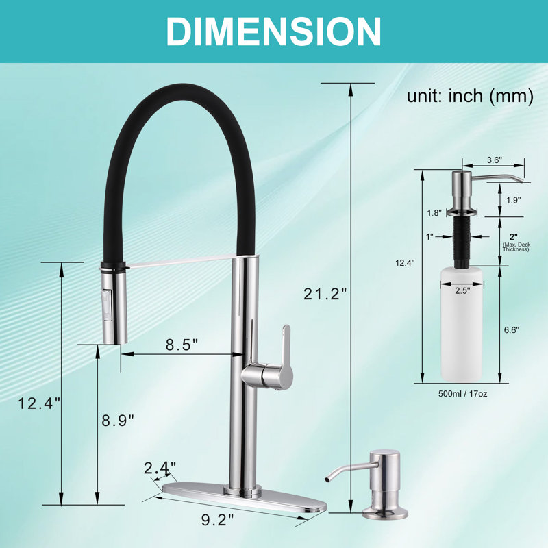 Stainless Steel 2-Function Single Handle Pull Out Kitchen Faucet With 17 Oz Soap Dispenser, Polished Chrome