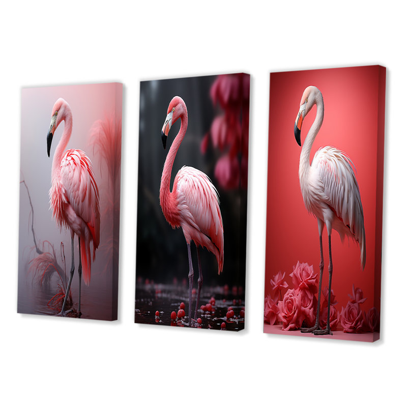 «Minimalisme flamant rose», 3 pièces sur toile, H 28 po x l 36 po, Toile tendue