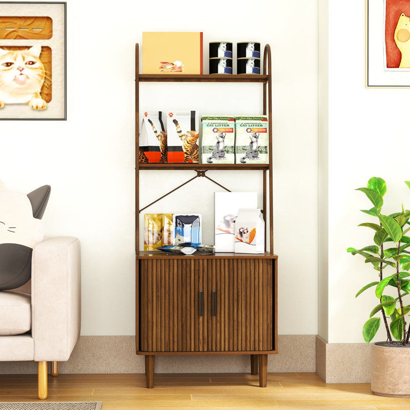 Enceinte de litière pour chat de 57,59 po de hauteur, armoire à litière cachée avec porte coulissante et tablettes, mobilier pour chat moderne