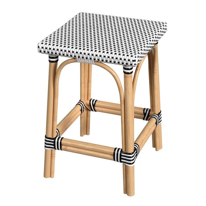 Riviera Gray/White Dot 24"H Square Rattan Counter Stool, White/Black