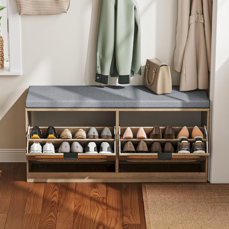 Rattan Storage Bench With Cushion & Coat Rack, Shoe Rack With 2 Flip Drawers, Shoe Bench For Entryway, Living Room, Rustic Oak, Oval