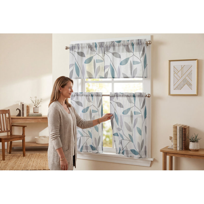 Ensemble de rideaux de cuisine de style ferme 3 pièces avec cantonnière - Imprimé botanique de feuilles grises et turquoise, rideaux à œillets filtrant la lumière