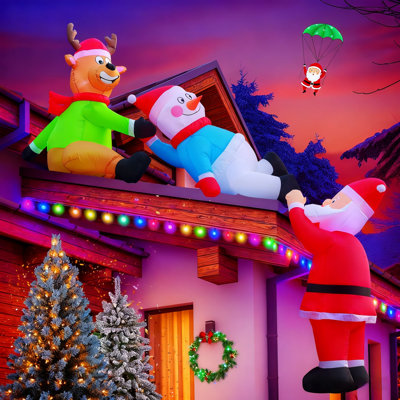 Toit gonflable de Noël de 8 pi avec Père Noël grimpant, renne et bonhomme de neige, décorations d'extérieur à DEL pour bord de toit, décor de fête pour porche