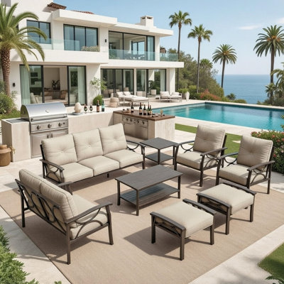 8-Piece Metal Patio Furniture Set, 9-Seat All-Weather Conversation Sofa With 4 Inches Thick Beige Cushions, Khaki Frame, Coffee Table, Side Table, End Table & Ottomans For Porch Backyard Garden