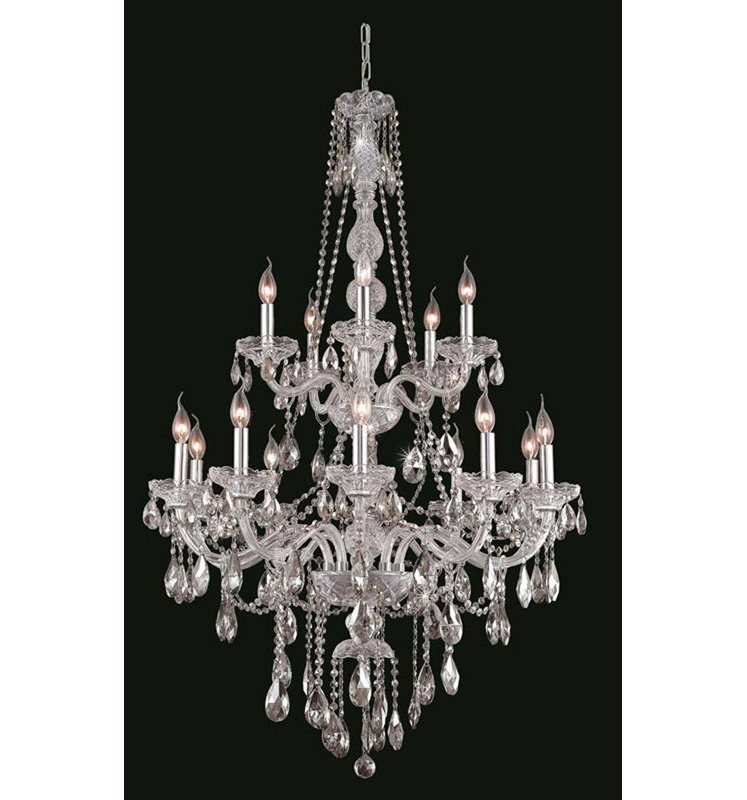 Lustre classique / traditionnel à 15 lumières de style bougie Abram, Chrome / cristal (transparent) / coupe royale
