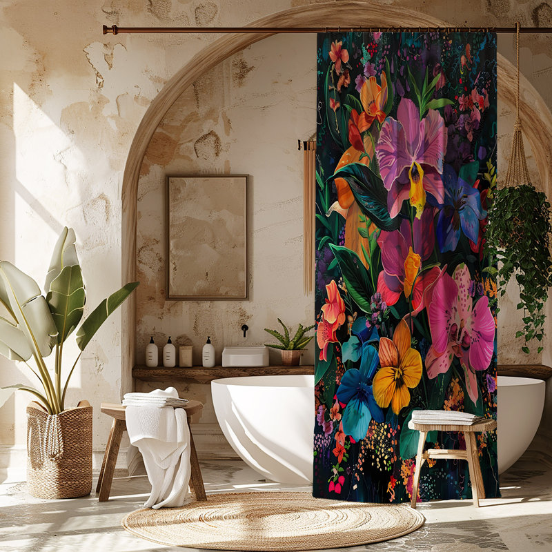 Rideau de douche Flora Nocturne Maximalist, Motif floral noir, H 90 po x l 71 po