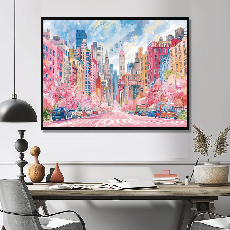 Rose, bleu, bâtiments de New York en été - salon d'art mural de New York, Cadre flottant noir, H 12 po x l 20 po