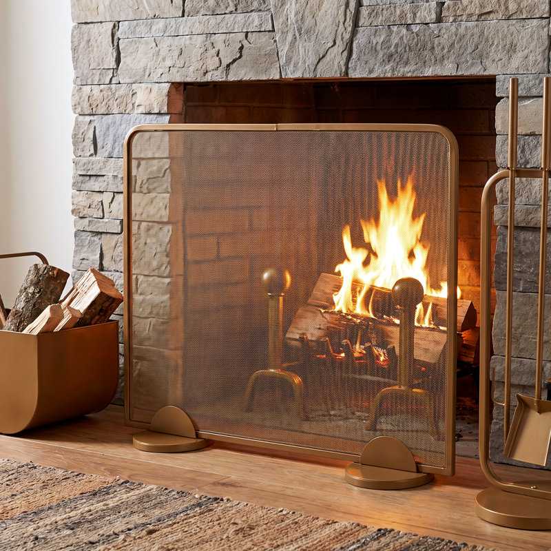 Erick 1 Panel Iron Fireplace Screen, Gold