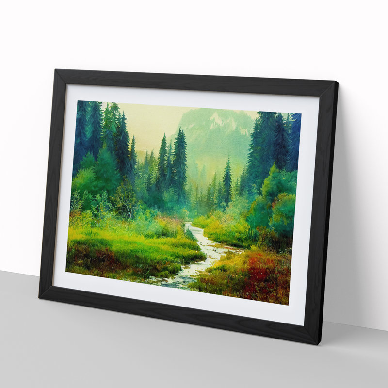 Summer Forest Watercolour Vol.2 - Single Picture Frame Painting, 46cm H x 64cm W x 2cm D, Black Framed