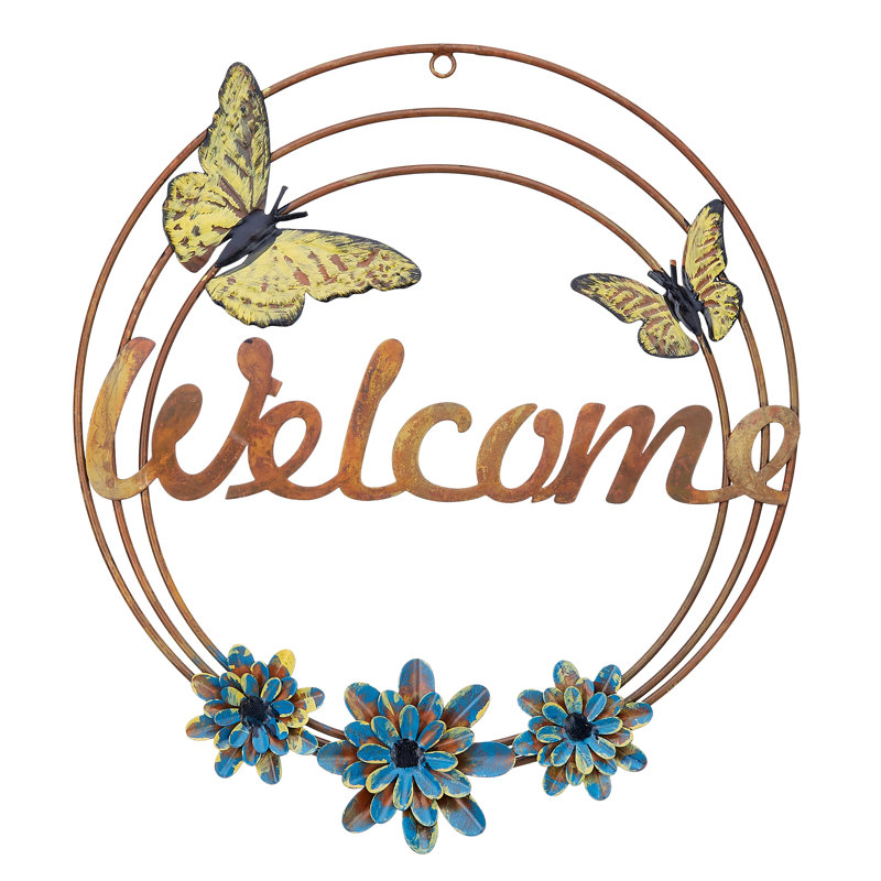 Panneau mural rond "Welcome" avec papillons