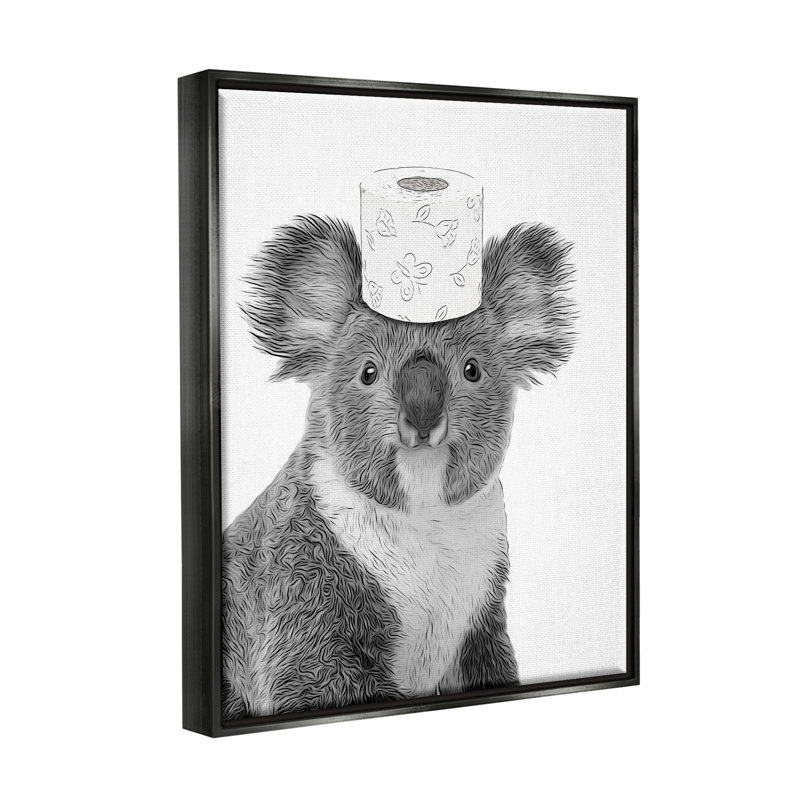 Koala et papier hygiénique par Annalisa Latella, Cadre flottant noir de jais, H 21 po x l 17 po x P 1,7 po