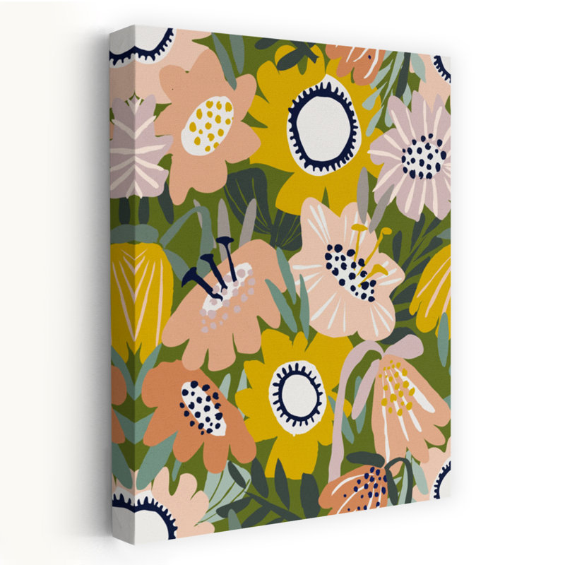 «Happy Cozy», motif floral vert scandinave sans soudure, audacieux, contemporain, renoncule, marguerite, mousse, nature, art mural