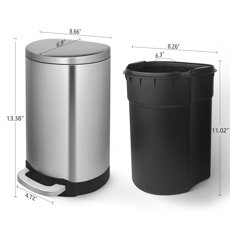 1.6 Gallon Brushed Stainless Steel Semi-Round Step-On Trash Can