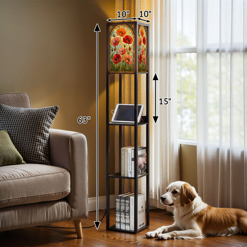 Lampe sur pied à DEL à intensité variable, impression sur vitrail, motif floral rouge vif et orange, lampe sur pied en bois aggloméré avec télécommande, lumière 3 couleurs, pour le salon, la chambre à coucher