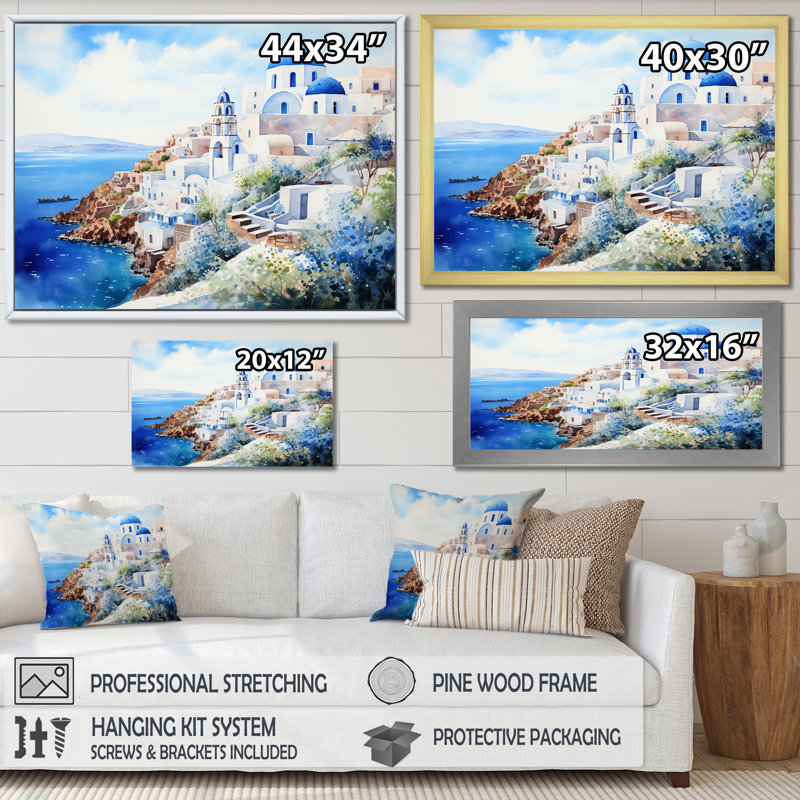 Art mural bleu et blanc Santorini II - Grèce, Cadre flottant noir, H 12 po x l 20 po x P 1 po