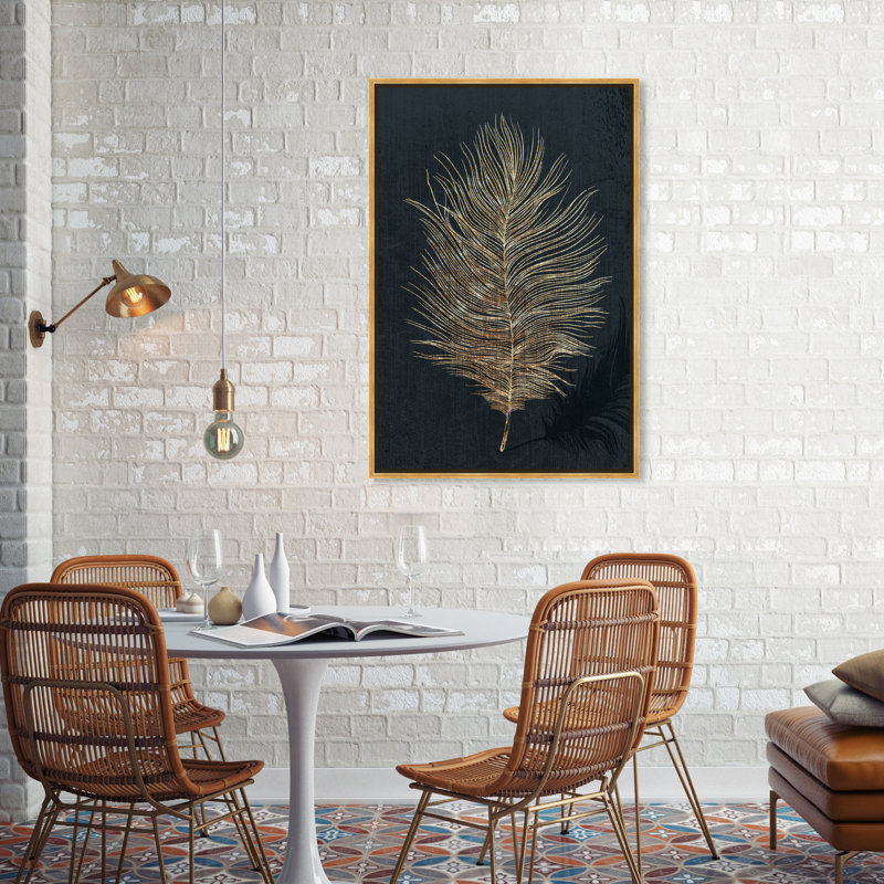 Plume dorée, plume métallique moderne noir - impression sur toile, Cadre flottant en plastique doré