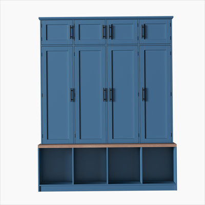 Farmhouse Hall Tree with 4 Hidden Hanging Hooks, Versatile Walnut Seating Bench with 8 Doors, Entryway Shoe Cabinet with Open Compartment for Living R by One Allium Way