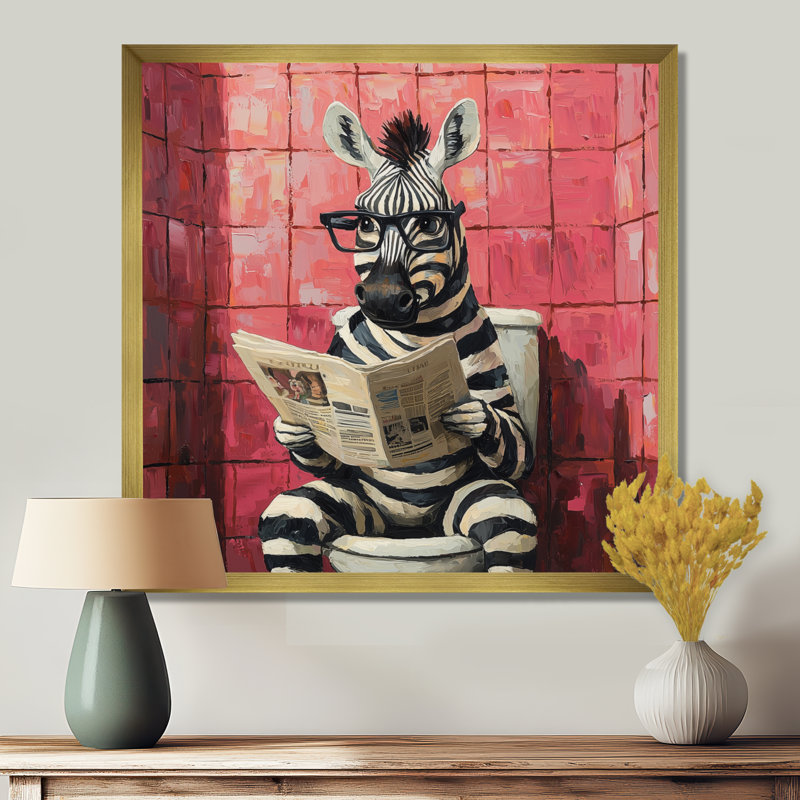 Kemro Funny Zebra lecture du journal dans la toilette I - art mural sur toile zébrée, H 36 po x l 36 po, Doré