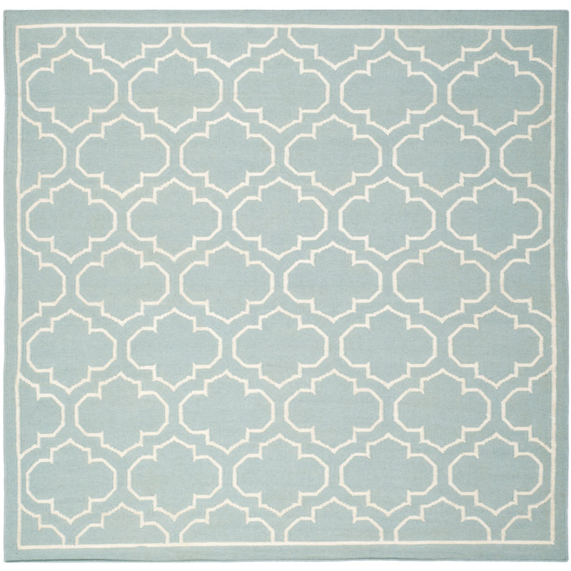 Rodgers Hand Woven Flat Weave Banana Silk/Wool/Cotton Geometric Rug in Blue, Square 7'