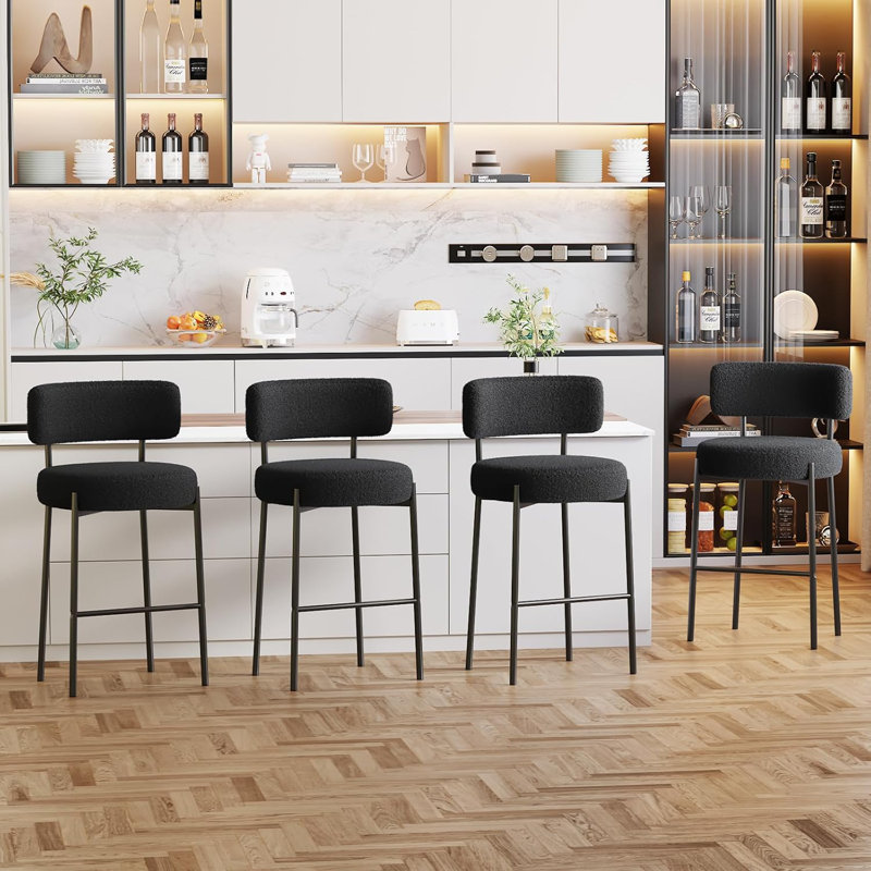 (Set of 4) 25" Upholstered Sherpa Modern Boucle Counter Height Bar Stools With Curved Back And Black Metal Frame, Black