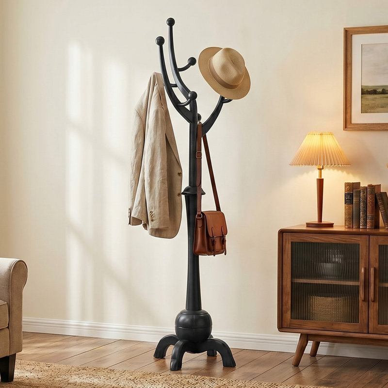 Janiya 8-Hook Solid Wood Freestanding Coat Rack , Black
