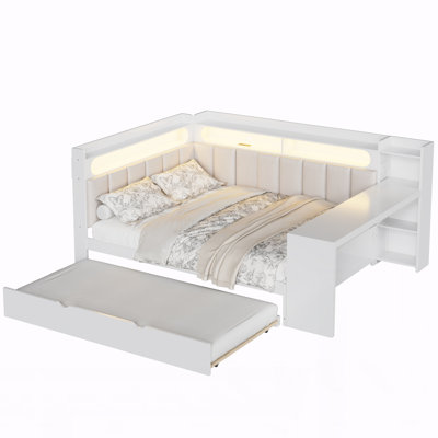 Full Size Daybed with Storage Shelves,Trundle,Charging Station,LED Light