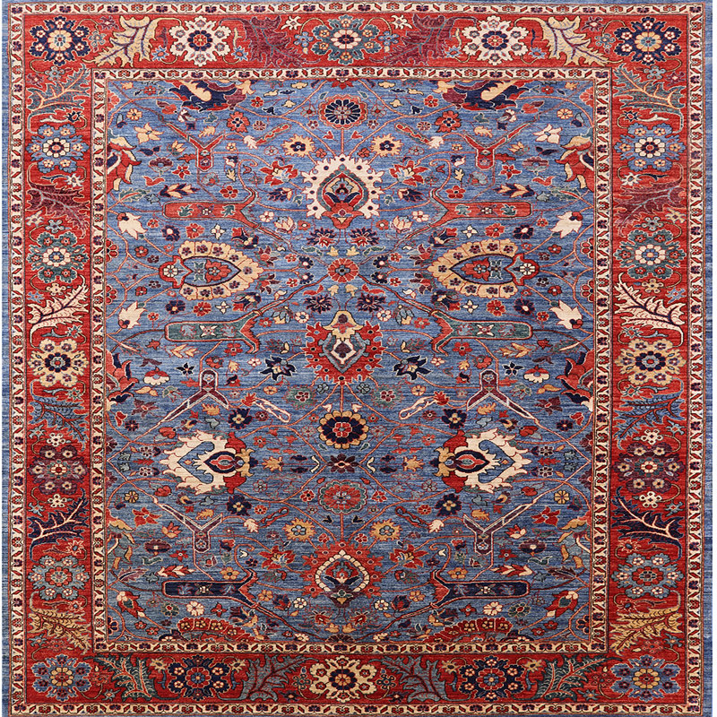 Tapis oriental rouge / bleu Rue, Carré 7 pi