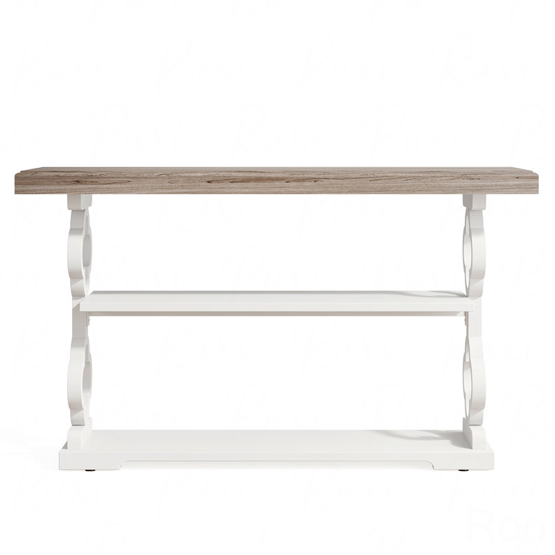 55" French Country Console Table, Farmhouse Sofa Table With 3-Storage Shelf, Gray And White Entryway Table For Hallway, Foyer And Living Room, Floral Carved Accent