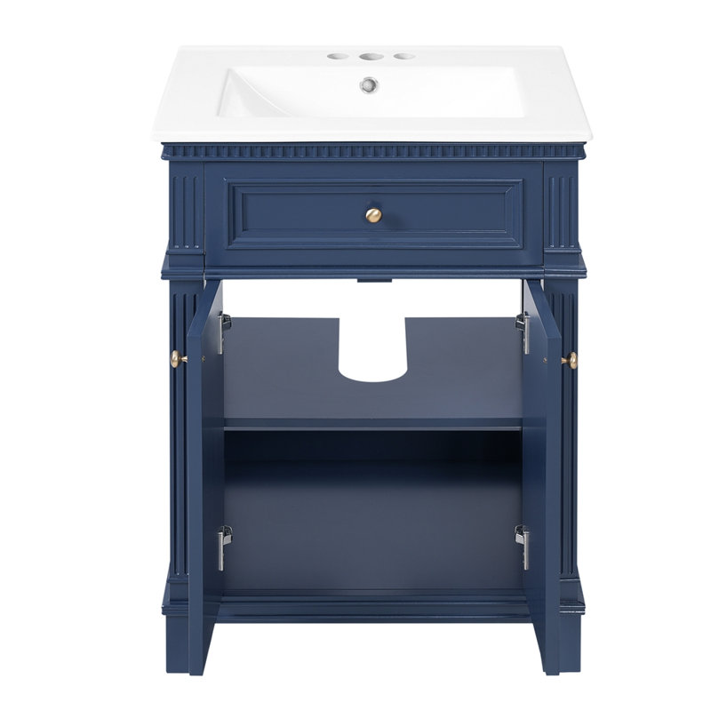 Armoire de salle de bain 24 po avec portes à fermeture douce et tablette réglable, meuble-lavabo avec lavabo en céramique