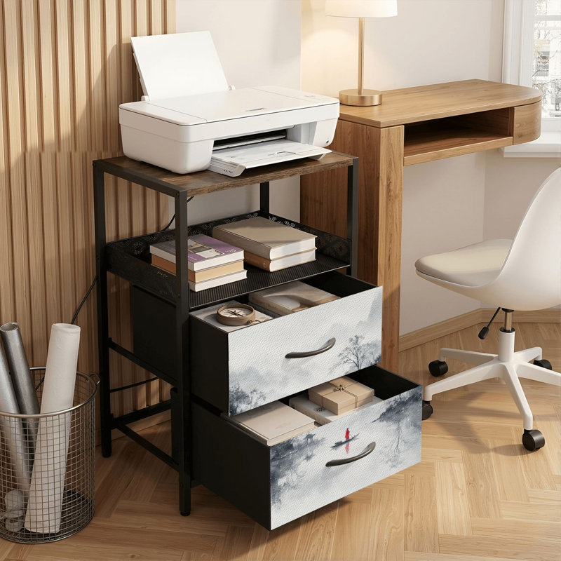 Table de chevet avec station de recharge intégrée, table de chevet à 2 tiroirs avec ports USB et prises électriques, tablette ouverte, table de chevet noire pour chambre ou salon, motif paysage chinois minimaliste