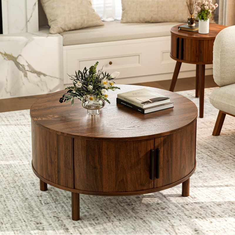 Table basse, table basse ronde moderne avec armoires et portes coulissantes, petit espace domestique, table centrale cannelée (noyer)