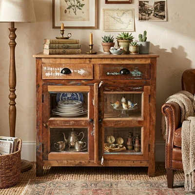 Cynera Antique Solid Wood 2 Drawer Glass Door Cabinet