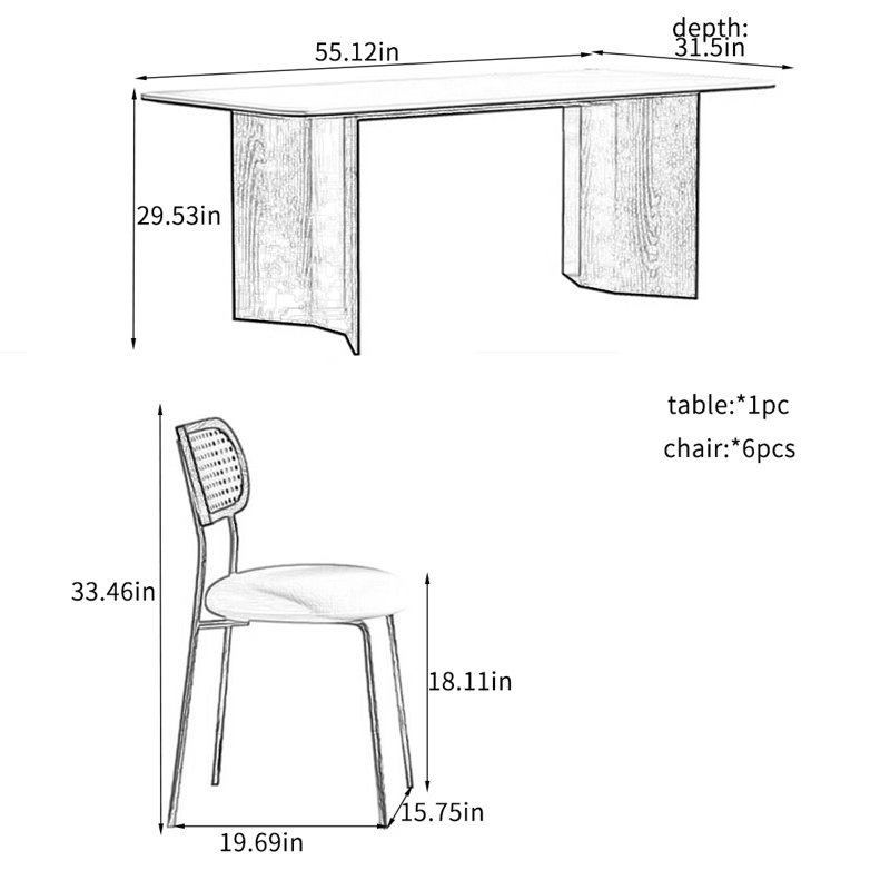 Table de salle à manger Rock-dalle avec chaises en acier inoxydable, H 29,53 po x L 55,12 po x l 31,5 po