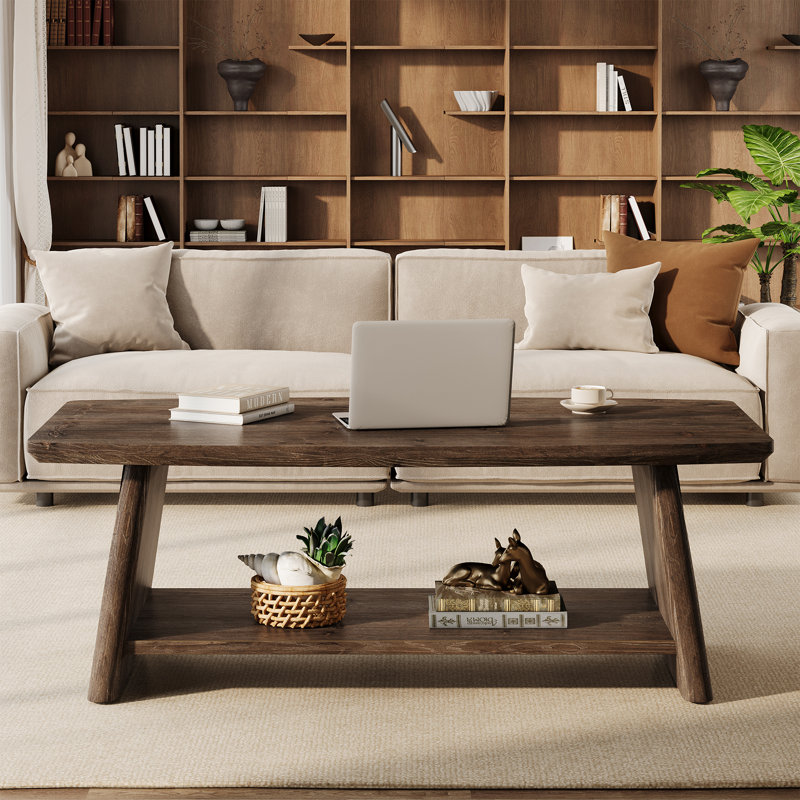 47-inch Solid Wood Coffee Table With Storage, 2-tier Farmhouse Center Table With Unique Fluted Panels