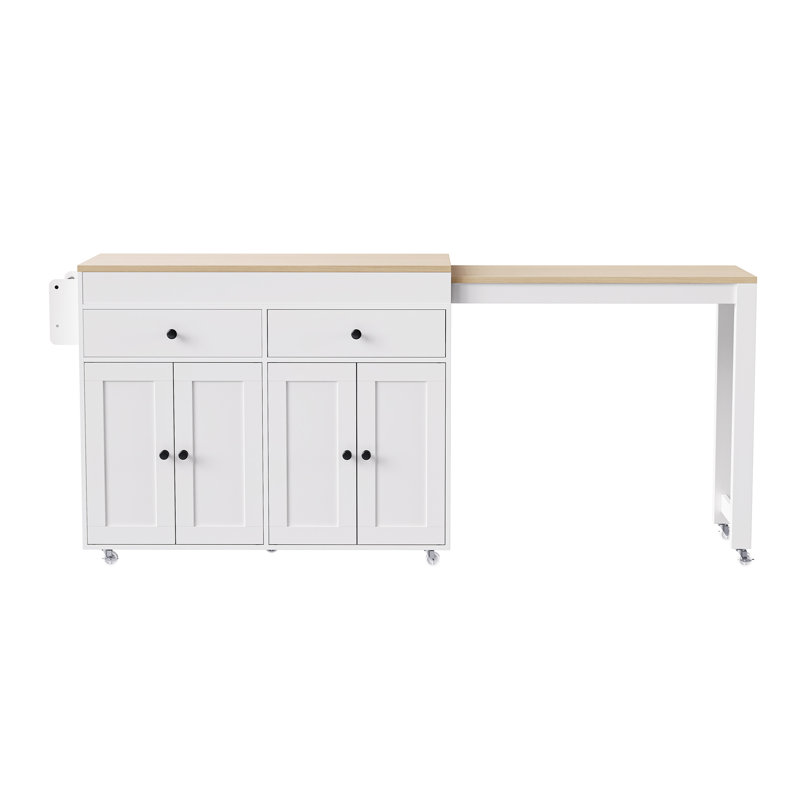 Îlot de cuisine avec table de salle à manger extensible 74,5 po K&K, Blanc